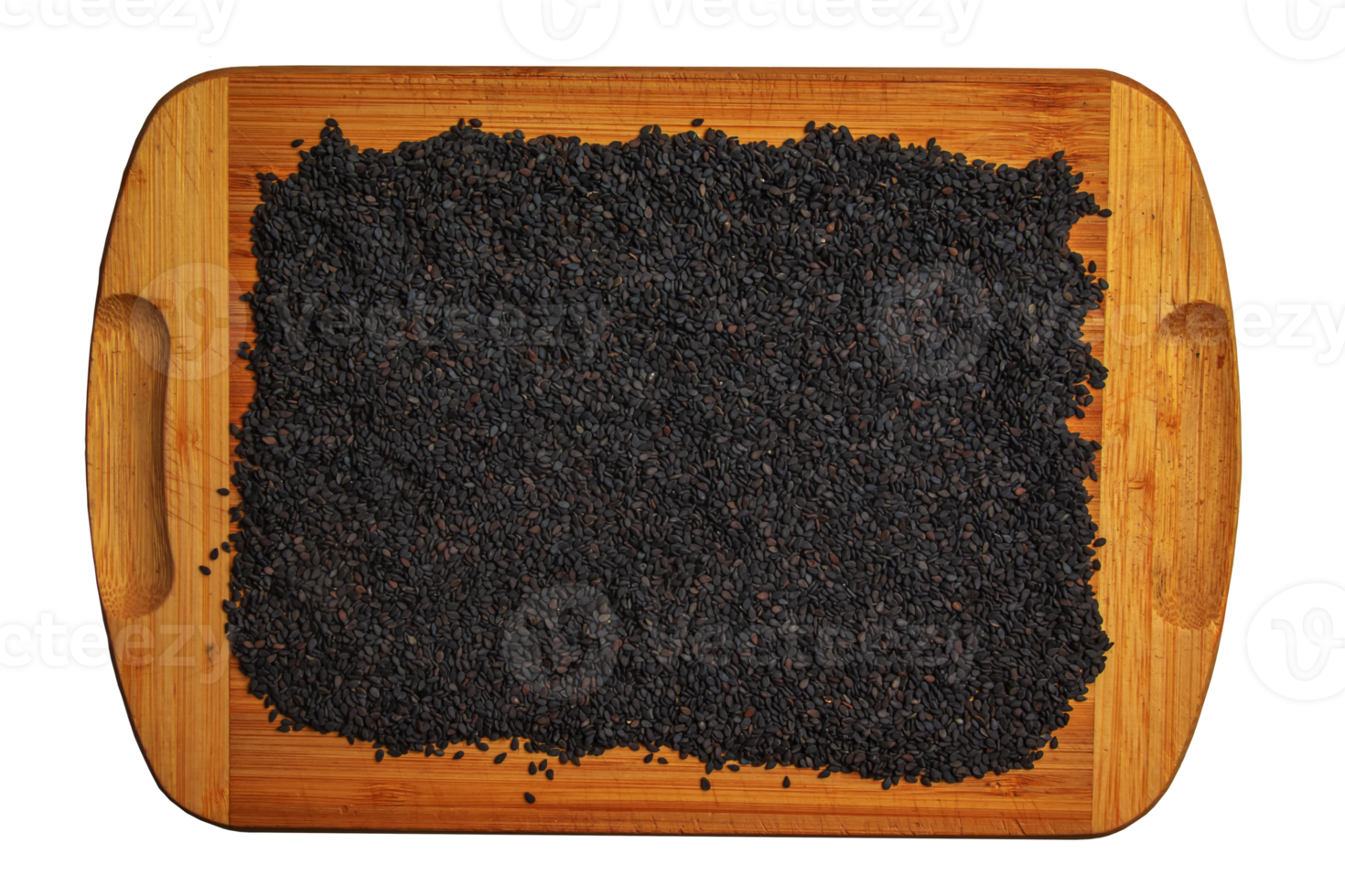 Black sesame seeds on a wooden kitchen board. Healthy food concept. png