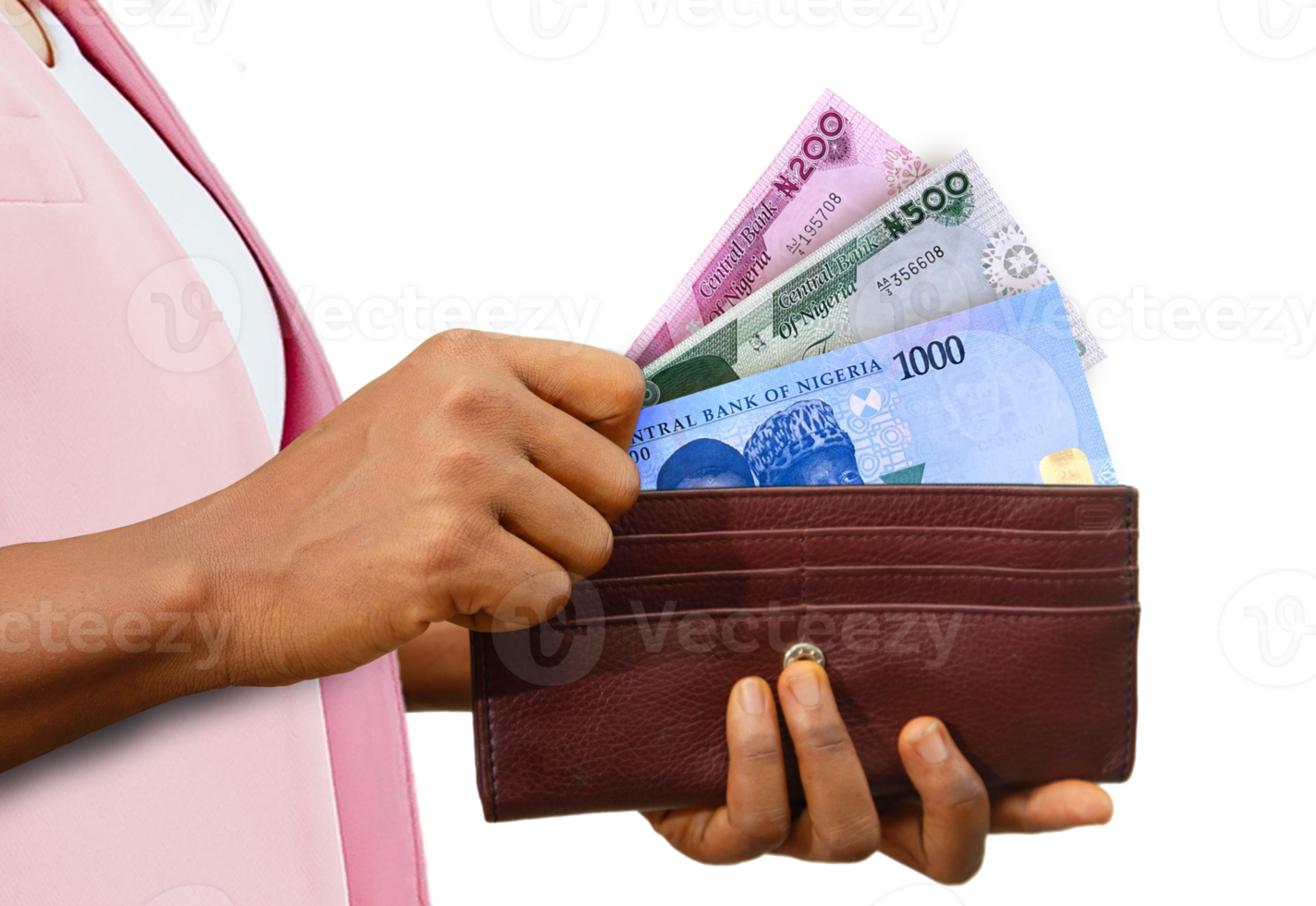 eerlijk vrouw hand- Holding bruin handtas met Nigeriaans naira notities, hand- Verwijderen geld uit van handtas geïsoleerd Aan transparant achtergrond png
