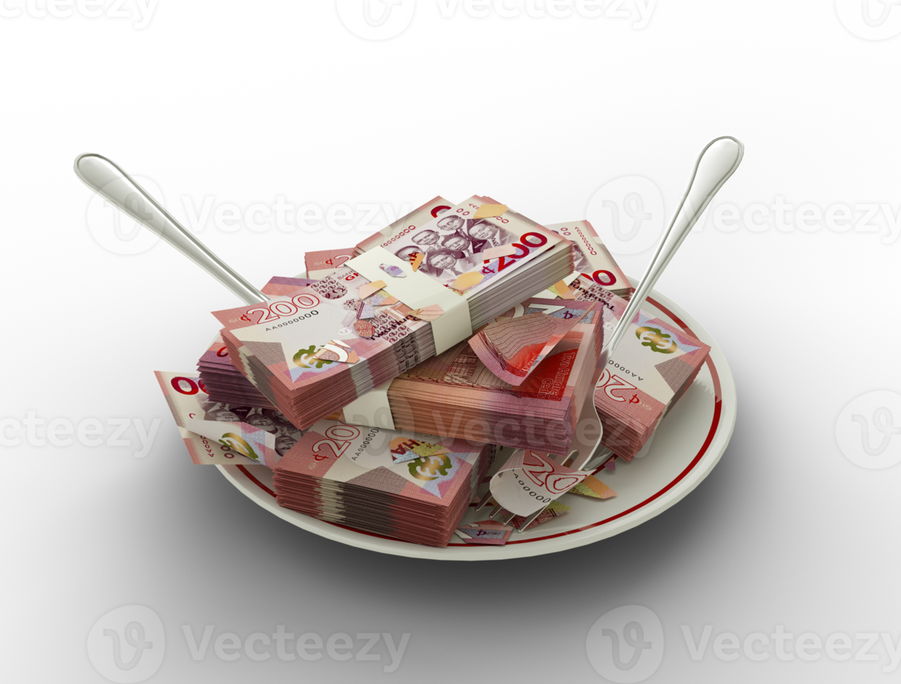 3D rendering of Ghanaian cedi notes on plate. Money spent on food concept. Food expenses, expensive meal, spending money concept. eating money, misuse of money png