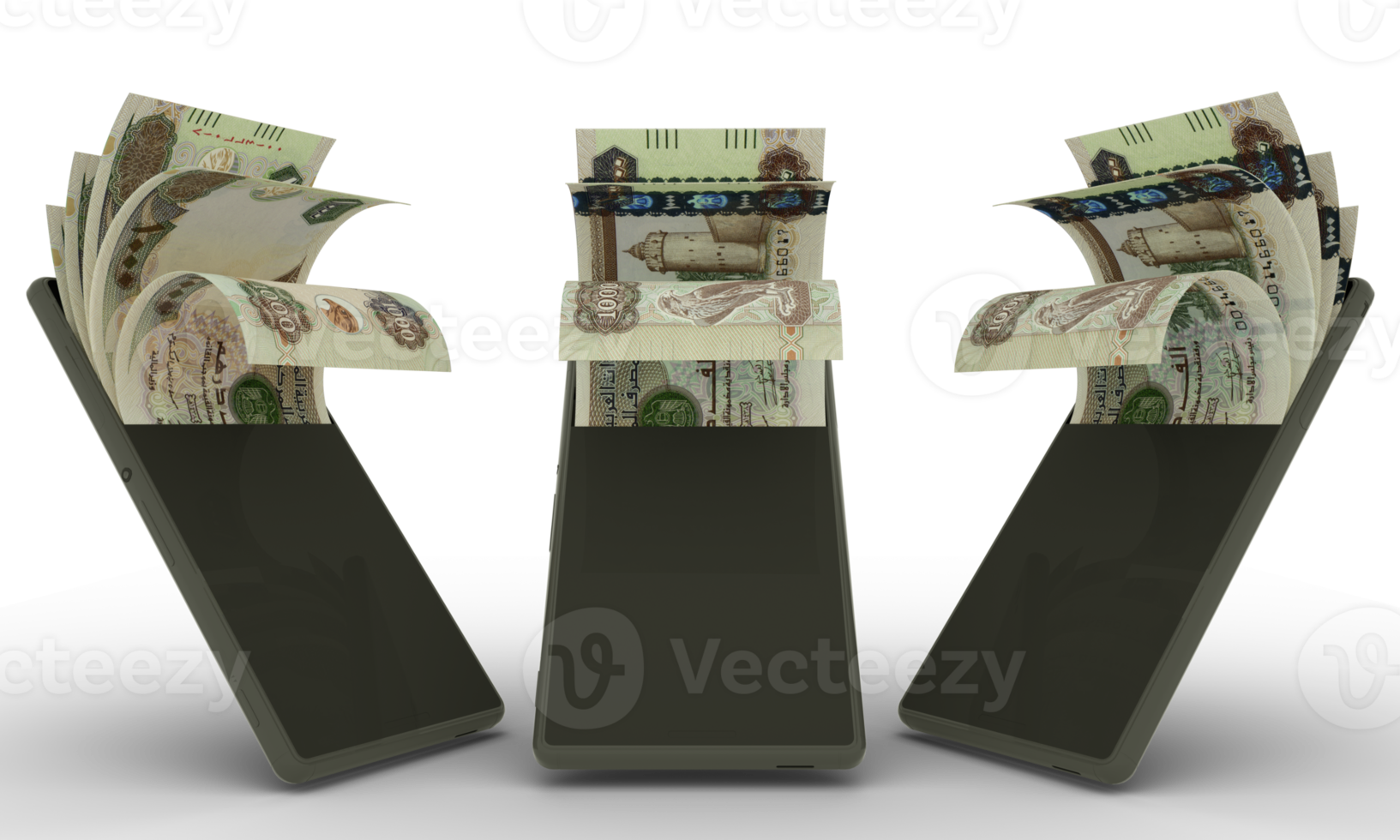 1000 United Arab Emirates dirham notes inside a mobile phone. money coming out of mobile phone. 3d rendering of set of mobile money transaction concept. money from Phone png