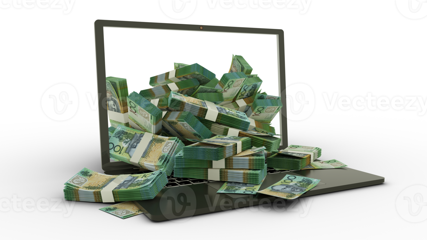 3D rendering of Australian dollar notes coming out of a Laptop monitor isolated on transparent background. stacks of dollar notes inside a laptop. money from computer, money from laptop png