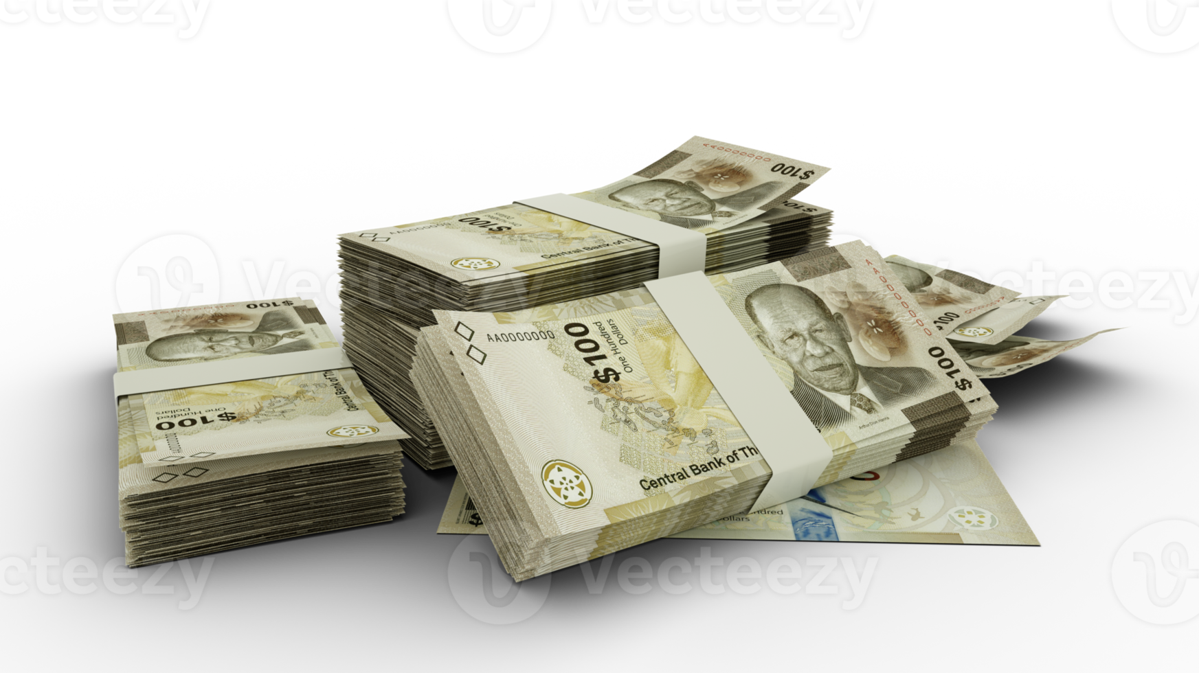 3D Stack of 100 Bahamian dollar notes isolated on transparent background png