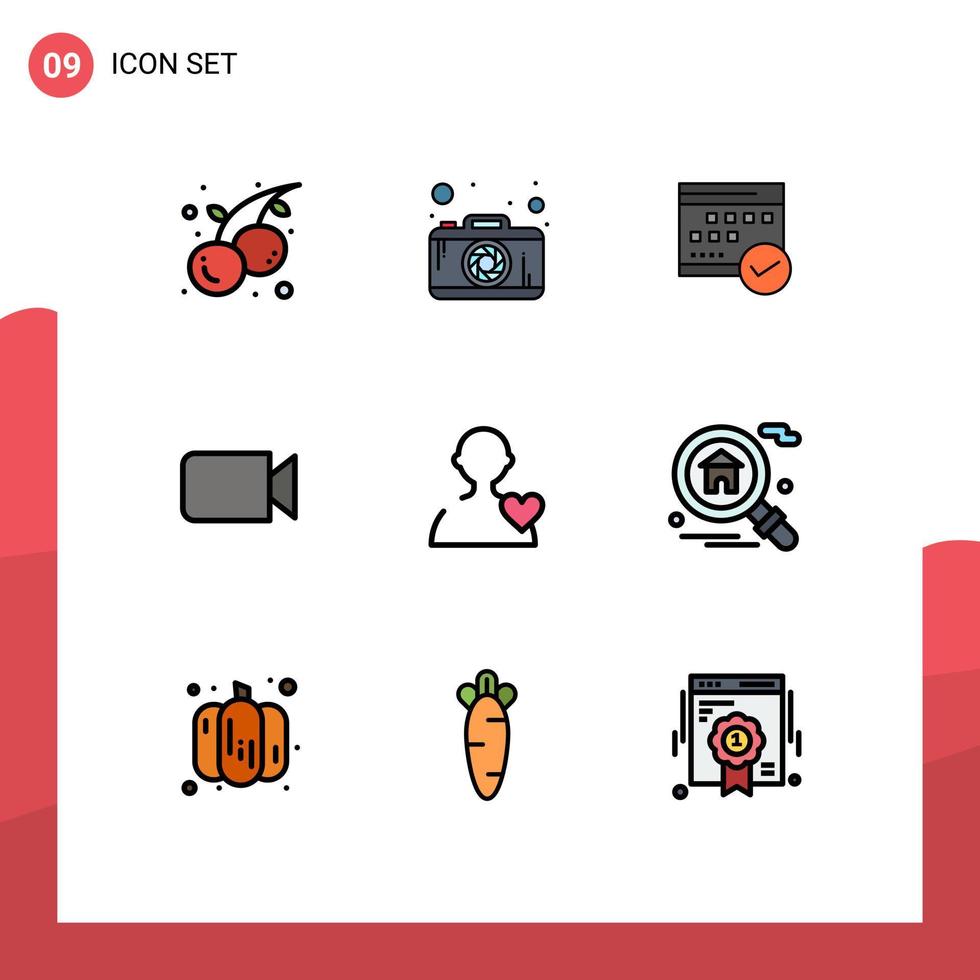Group of 9 Modern Filledline Flat Colors Set for ui image approved camera plan Editable Vector Design Elements
