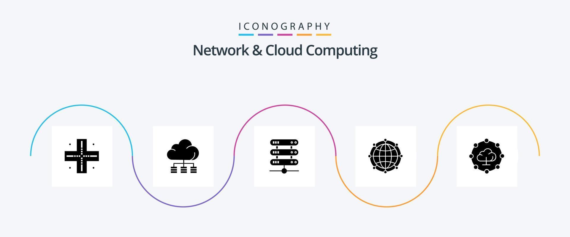 Network And Cloud Computing Glyph 5 Icon Pack Including network. technology. data. network. global vector