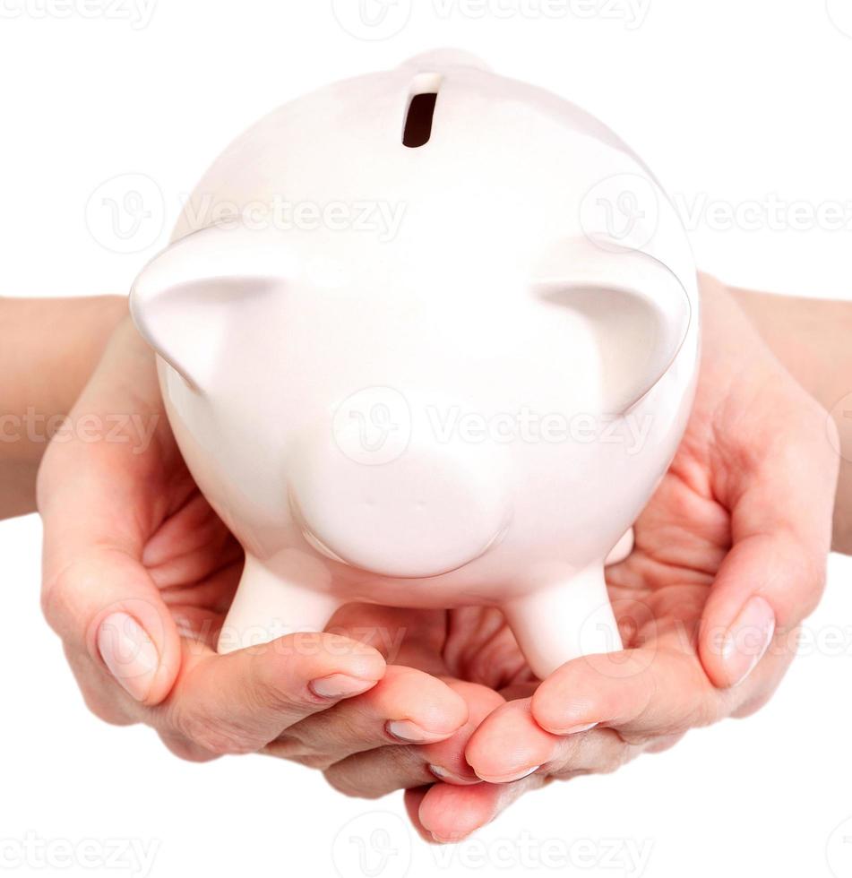 Piggy bank in woman hands photo