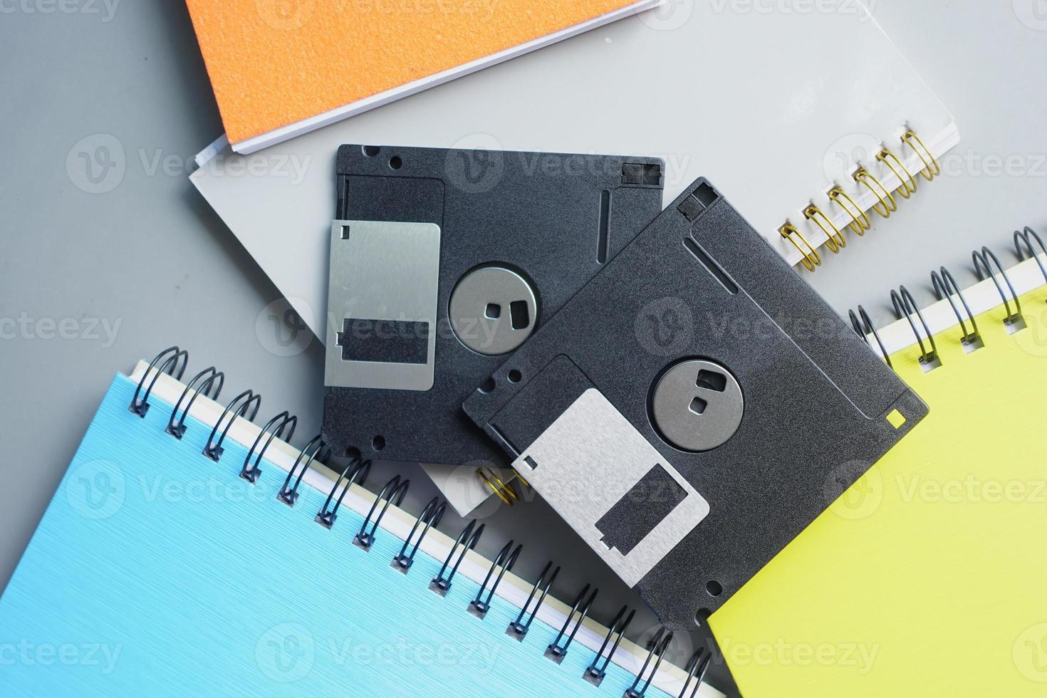 an old vintage floppy disk on a gray background. photo