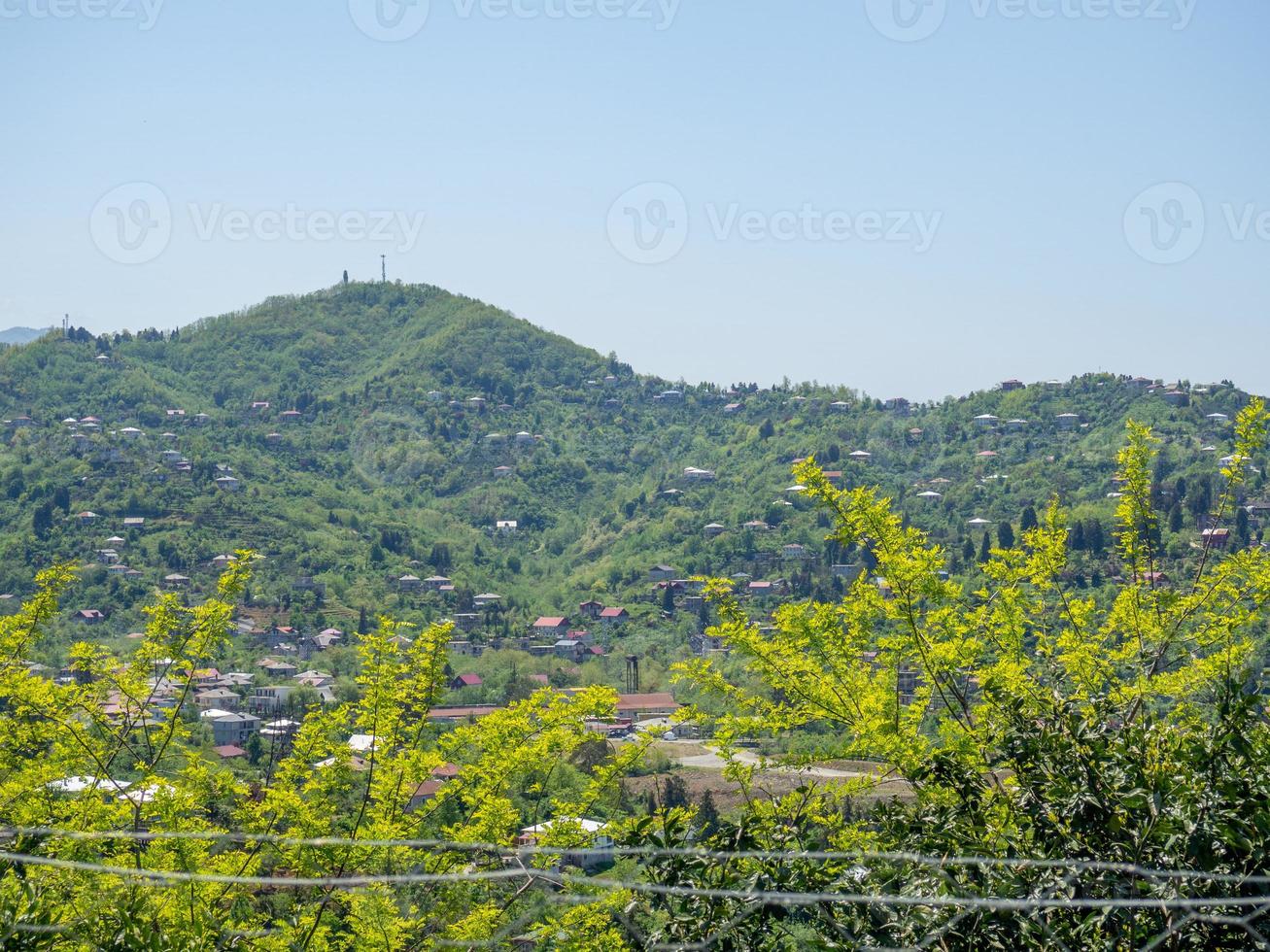 Houses on a green hill. City in nature. Beautiful landscape. Outskirts of the southern city.  houses in the dense forest on the mountain photo