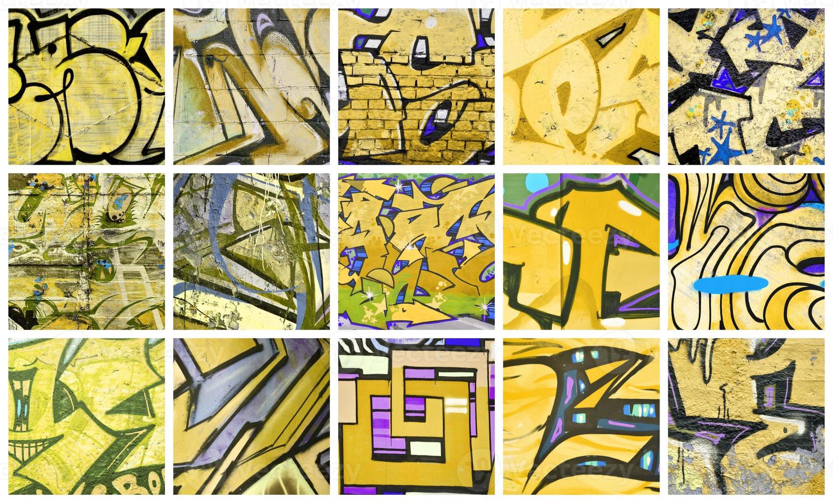 A set of many small fragments of graffiti drawings. Street art abstract background collage in yellow colors photo