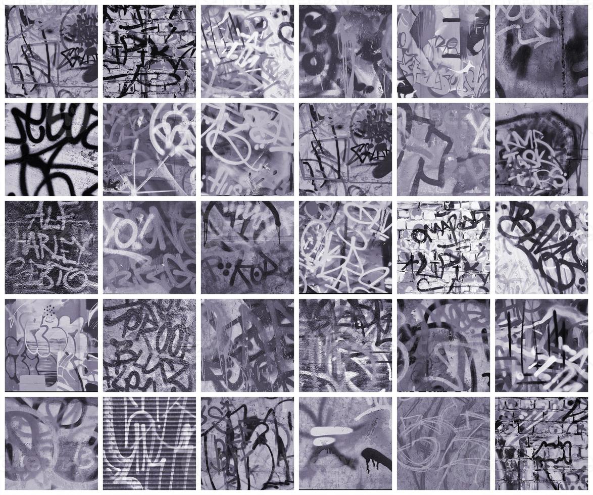 A set of many small fragments of tagged walls. Graffiti vandalism abstract background collage photo