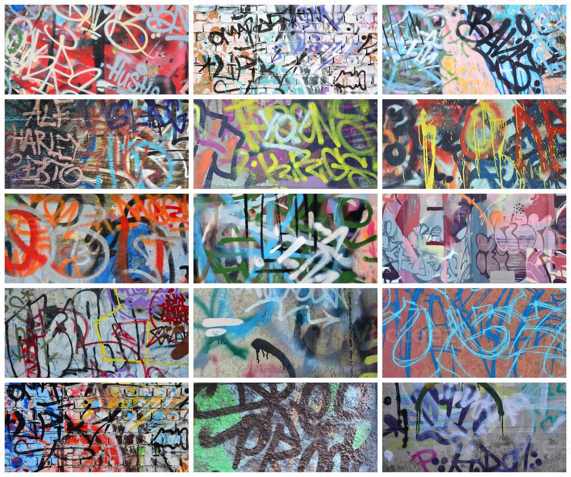 A set of many small fragments of tagged walls. Graffiti vandalism abstract background collage photo