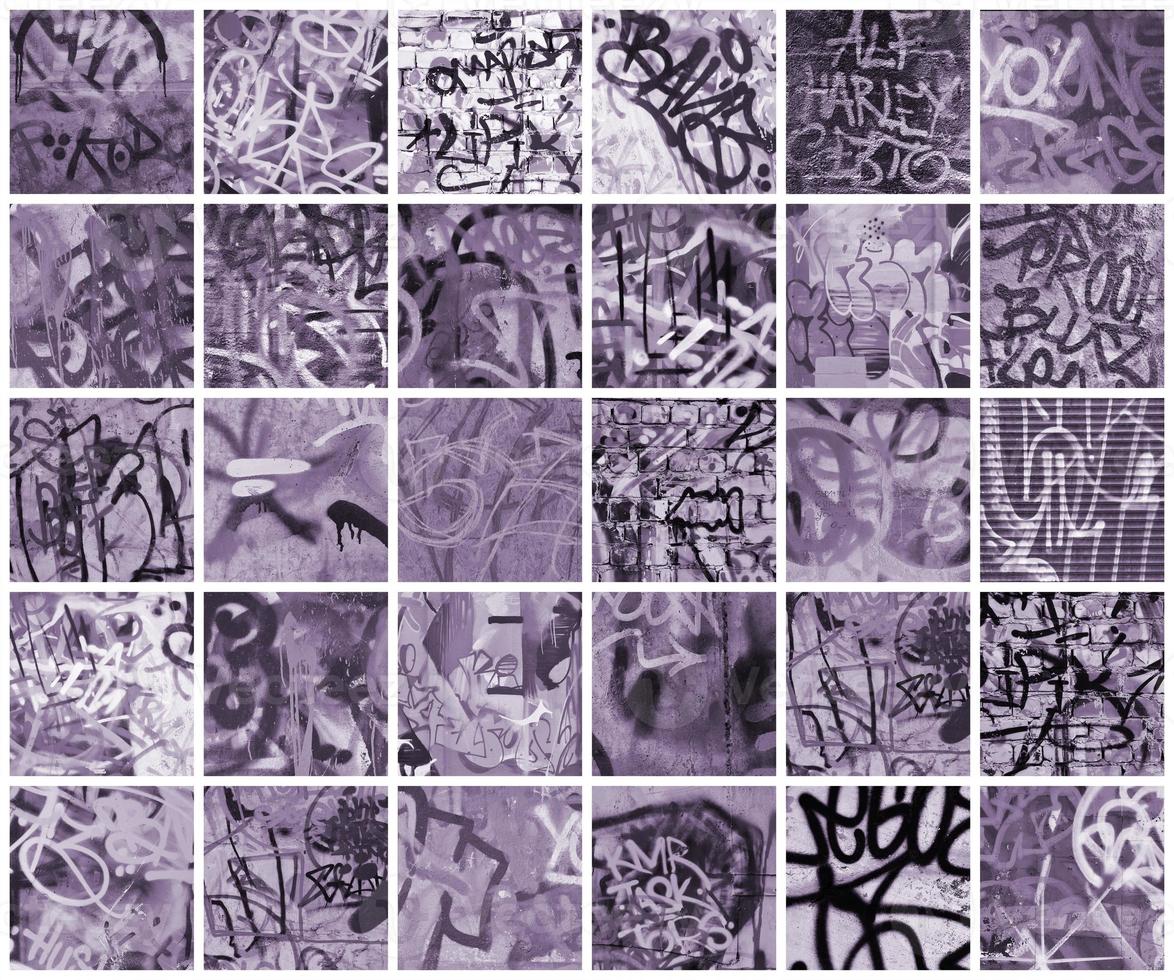 A set of many small fragments of tagged walls. Graffiti vandalism abstract background collage photo