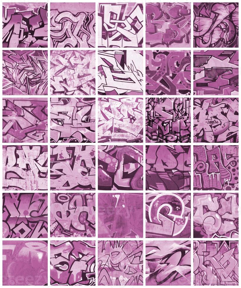 un conjunto de muchos pequeños fragmentos de dibujos de graffiti. collage de fondo abstracto de arte callejero en colores púrpura foto
