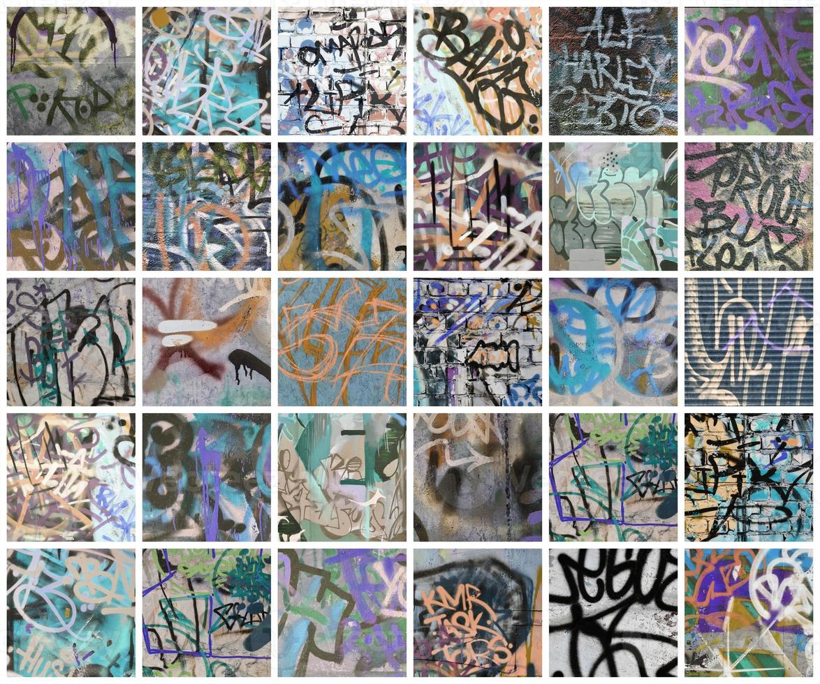 A set of many small fragments of tagged walls. Graffiti vandalism abstract background collage photo