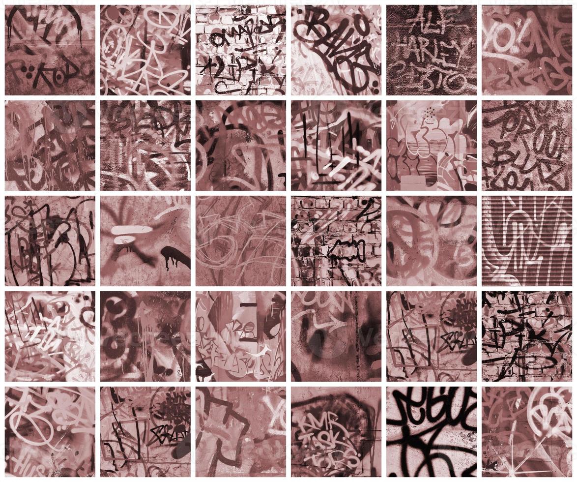 A set of many small fragments of tagged walls. Graffiti vandalism abstract background collage in vintage tones photo