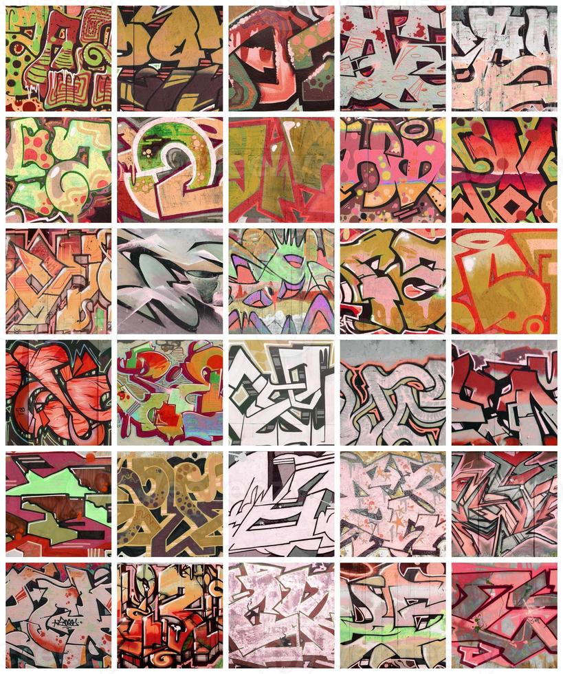 A set of many small fragments of graffiti drawings. Street art abstract background collage in red colors photo