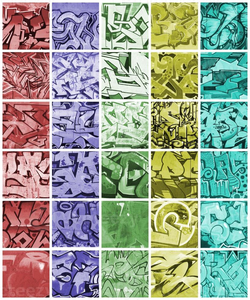 A set of many small fragments of graffiti drawings. Street art abstract background collage photo