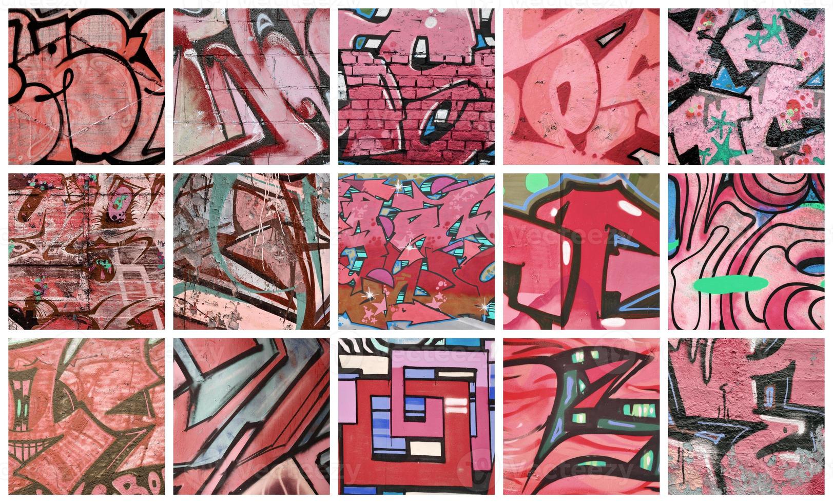 A set of many small fragments of graffiti drawings. Street art abstract background collage in red colors photo