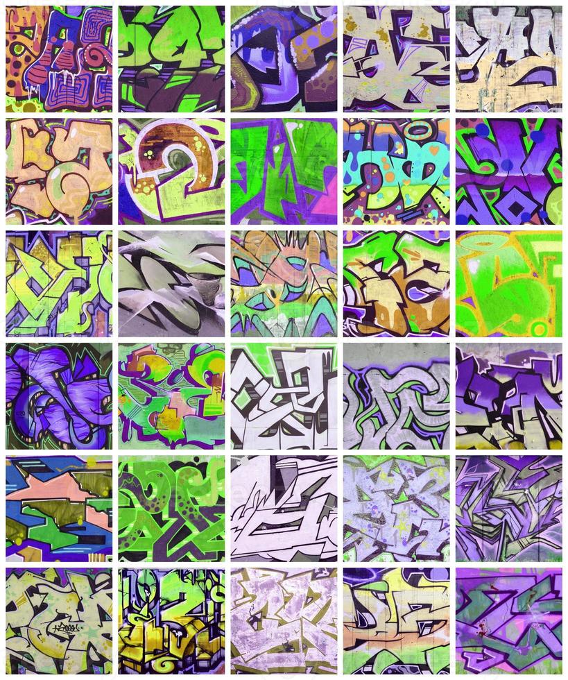 A set of many small fragments of graffiti drawings. Street art abstract background collage photo