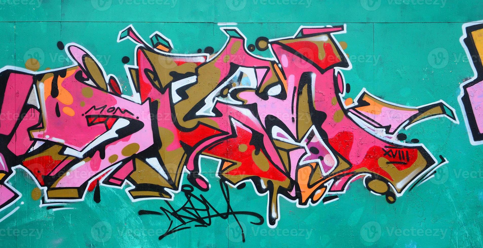 Fragment of a beautiful graffiti pattern in pink and green with a black outline. Street art background image photo