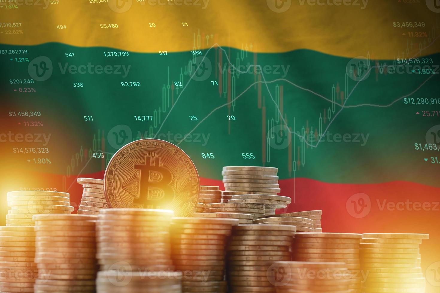 Lithuania flag and big amount of golden bitcoin coins and trading platform chart. Crypto currency photo