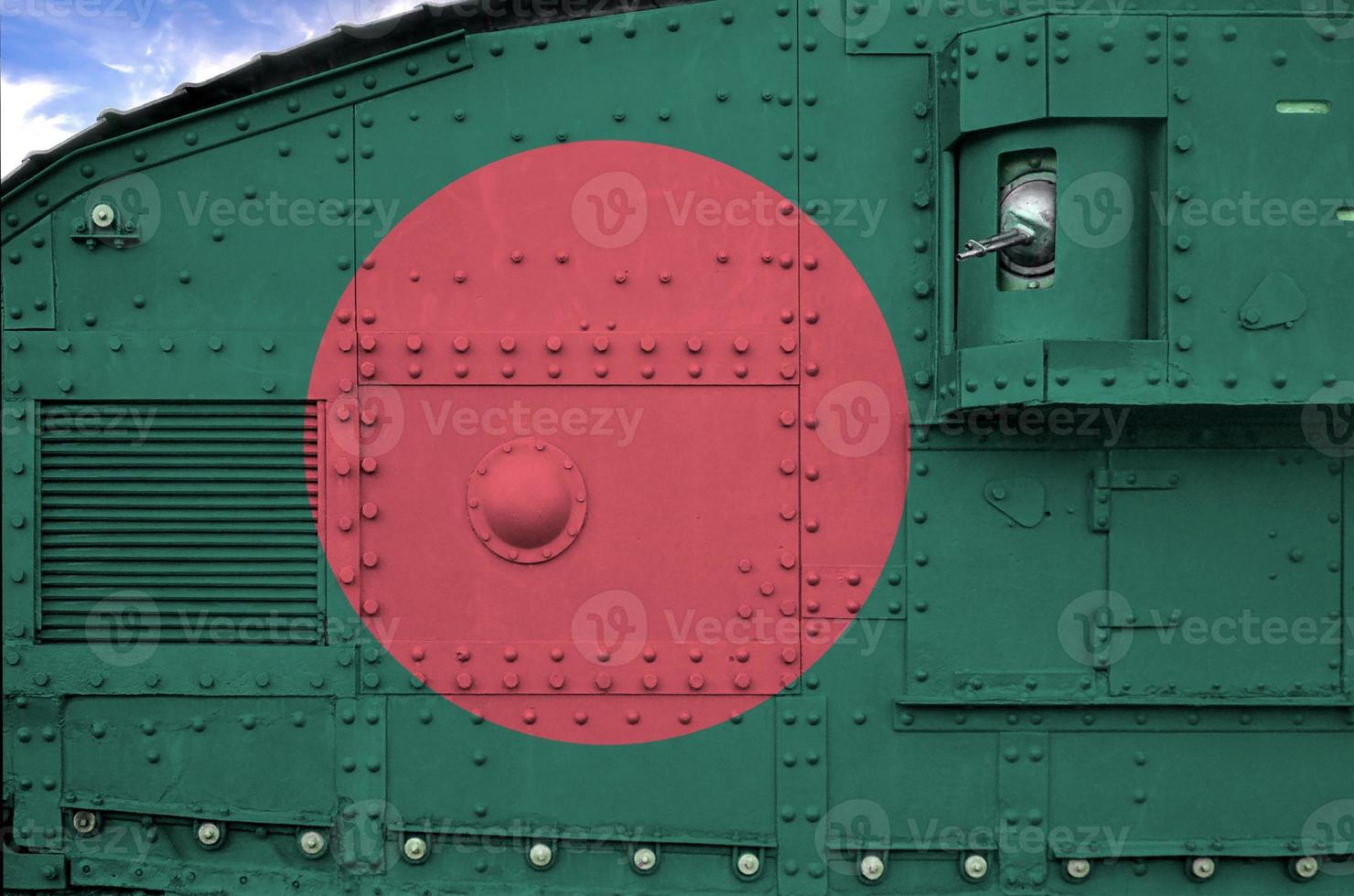 Bangladesh flag depicted on side part of military armored tank closeup. Army forces conceptual background photo