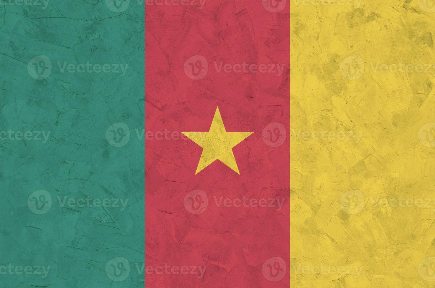 Cameroon flag depicted in bright paint colors on old relief plastering wall. Textured banner on rough background photo