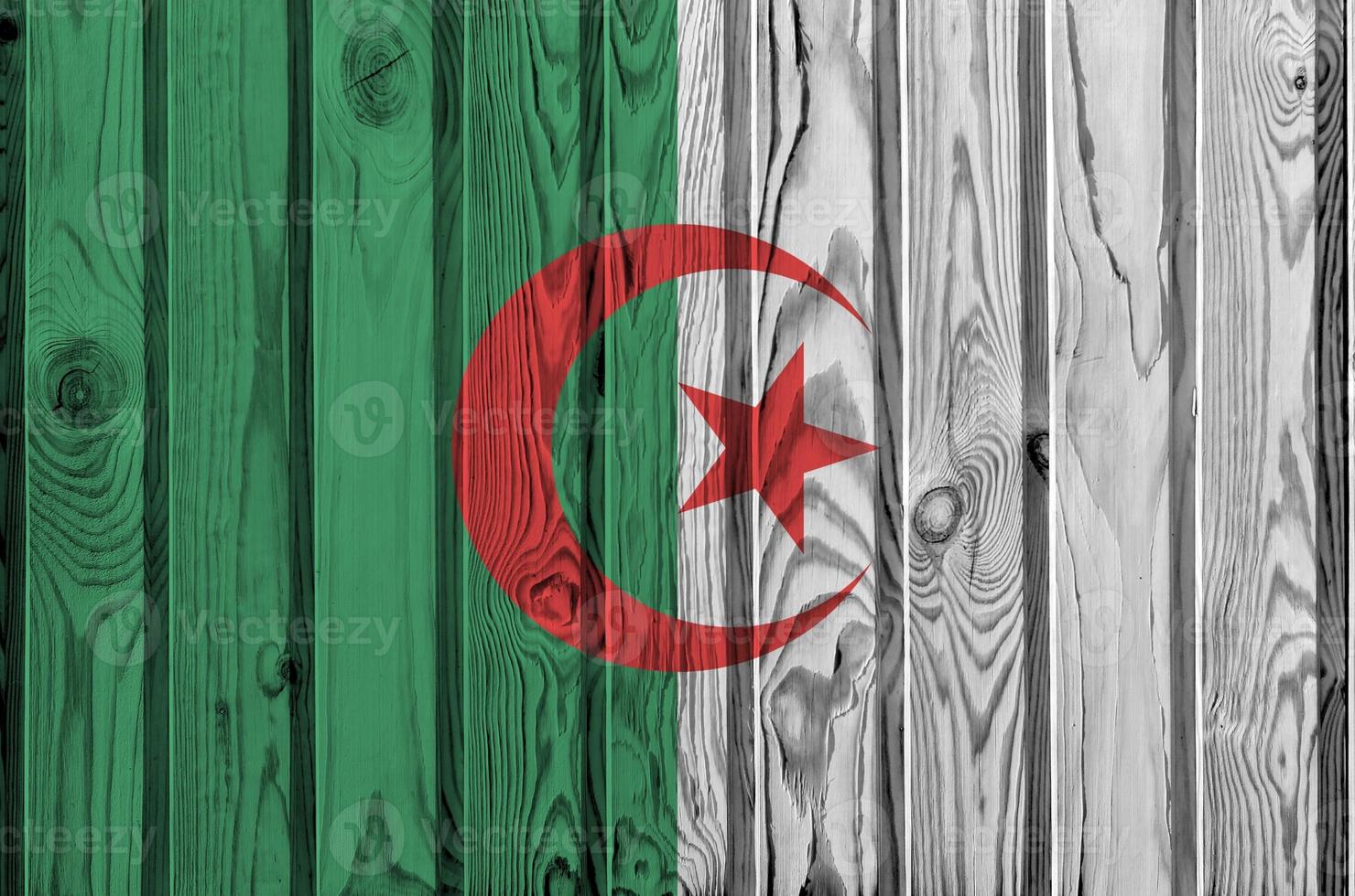 Algeria flag depicted in bright paint colors on old wooden wall. Textured banner on rough background photo