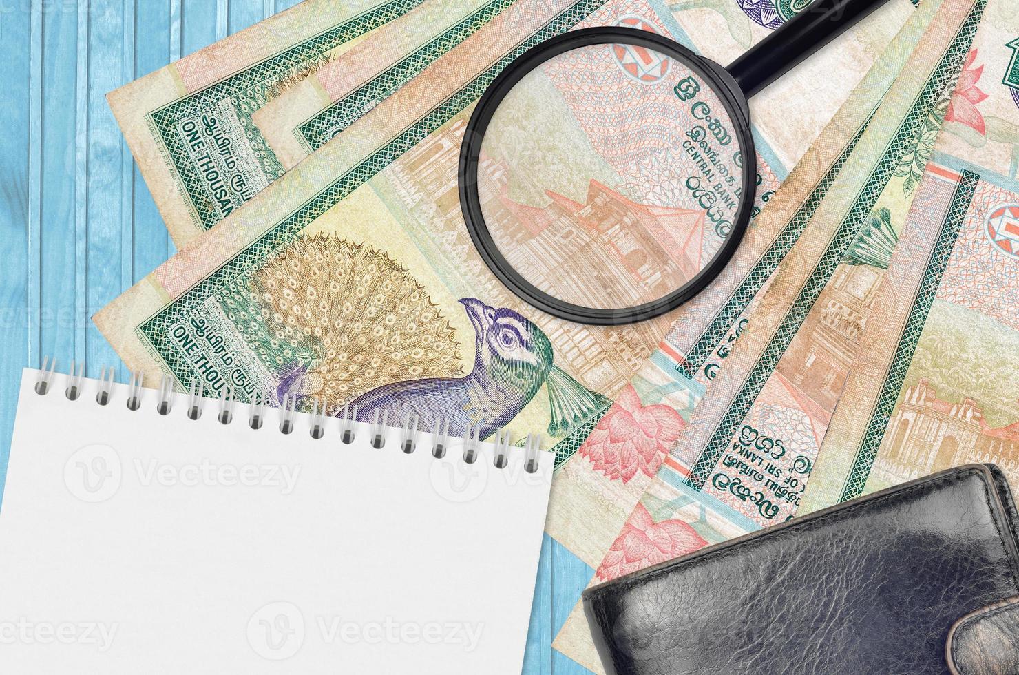 1000 Sri Lankan rupees bills and magnifying glass with black purse and notepad. Concept of counterfeit money. Search for differences in details on money bills to detect fake photo