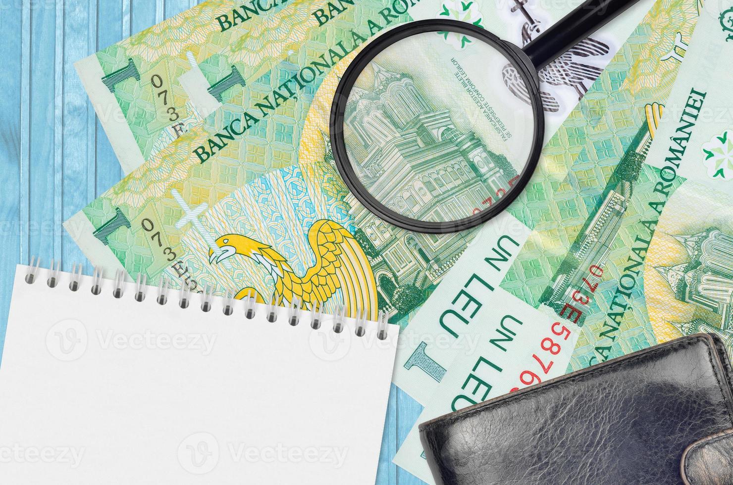 1 Romanian leu bills and magnifying glass with black purse and notepad. Concept of counterfeit money. Search for differences in details on money bills to detect fake photo