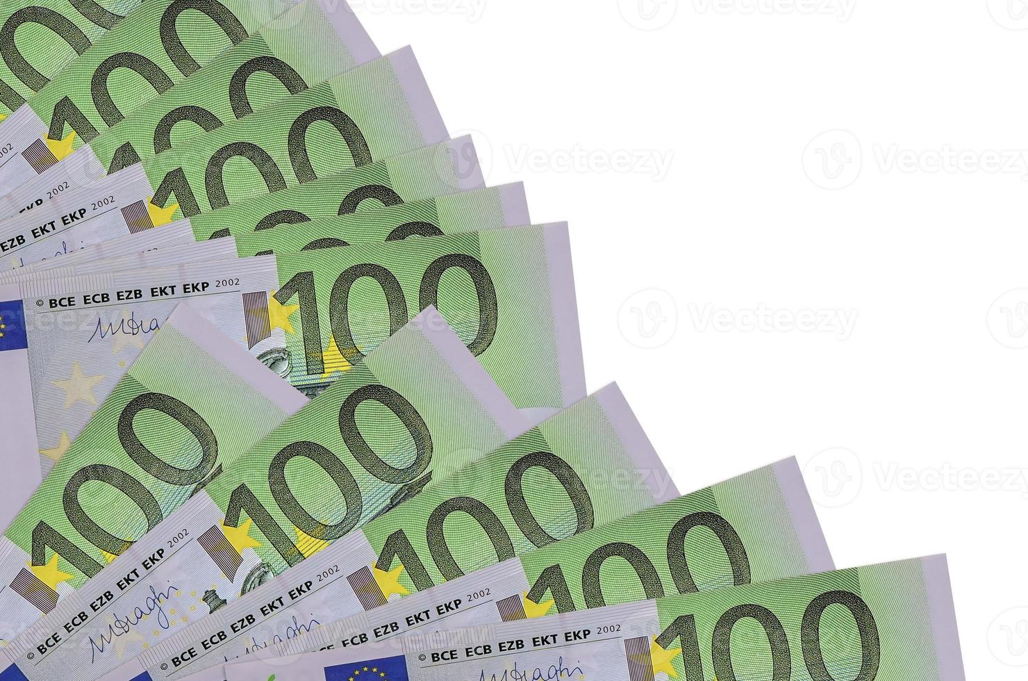 100 Euro bills lies isolated on white background with copy space stacked in fan close up photo