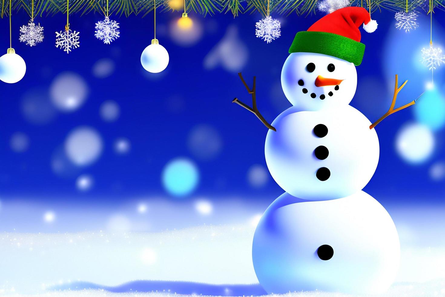 Funny snowman. Merry christmas and happy new year greeting card. Snowy background. photo