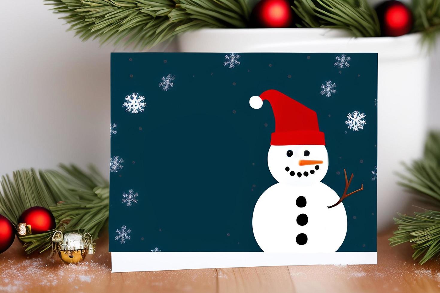 Funny snowman. Merry christmas and happy new year greeting card. Snowy background. photo