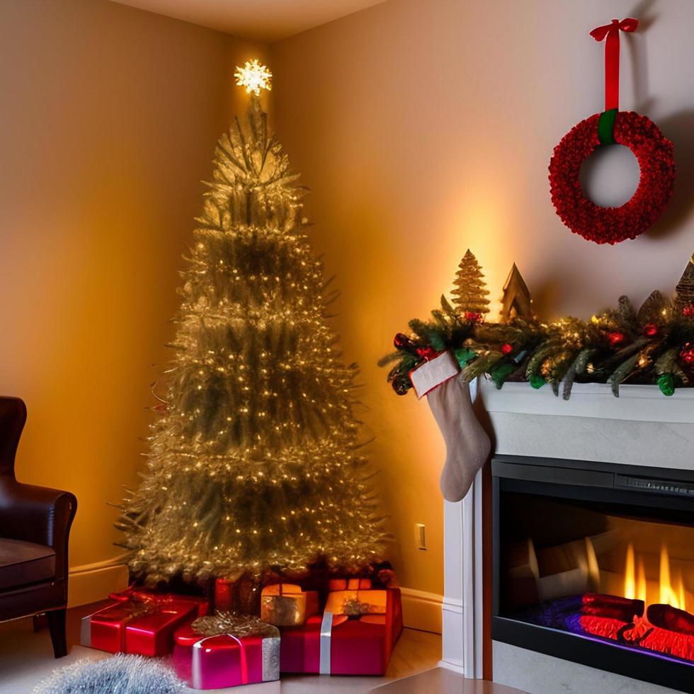 Christmas concept. Decorated Christmas Tree Near Fireplace at Home. photo