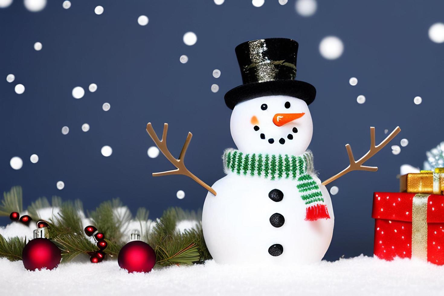 divertido muñeco de nieve. feliz navidad y feliz año nuevo tarjeta de felicitación. fondo nevado. foto
