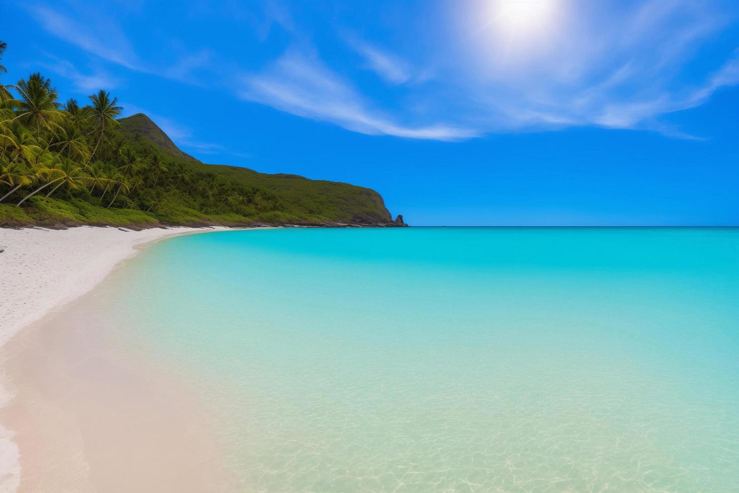 Beautiful tropical beach with blue ocean. White sand tropical paradise beach background summer vacation concept. photo