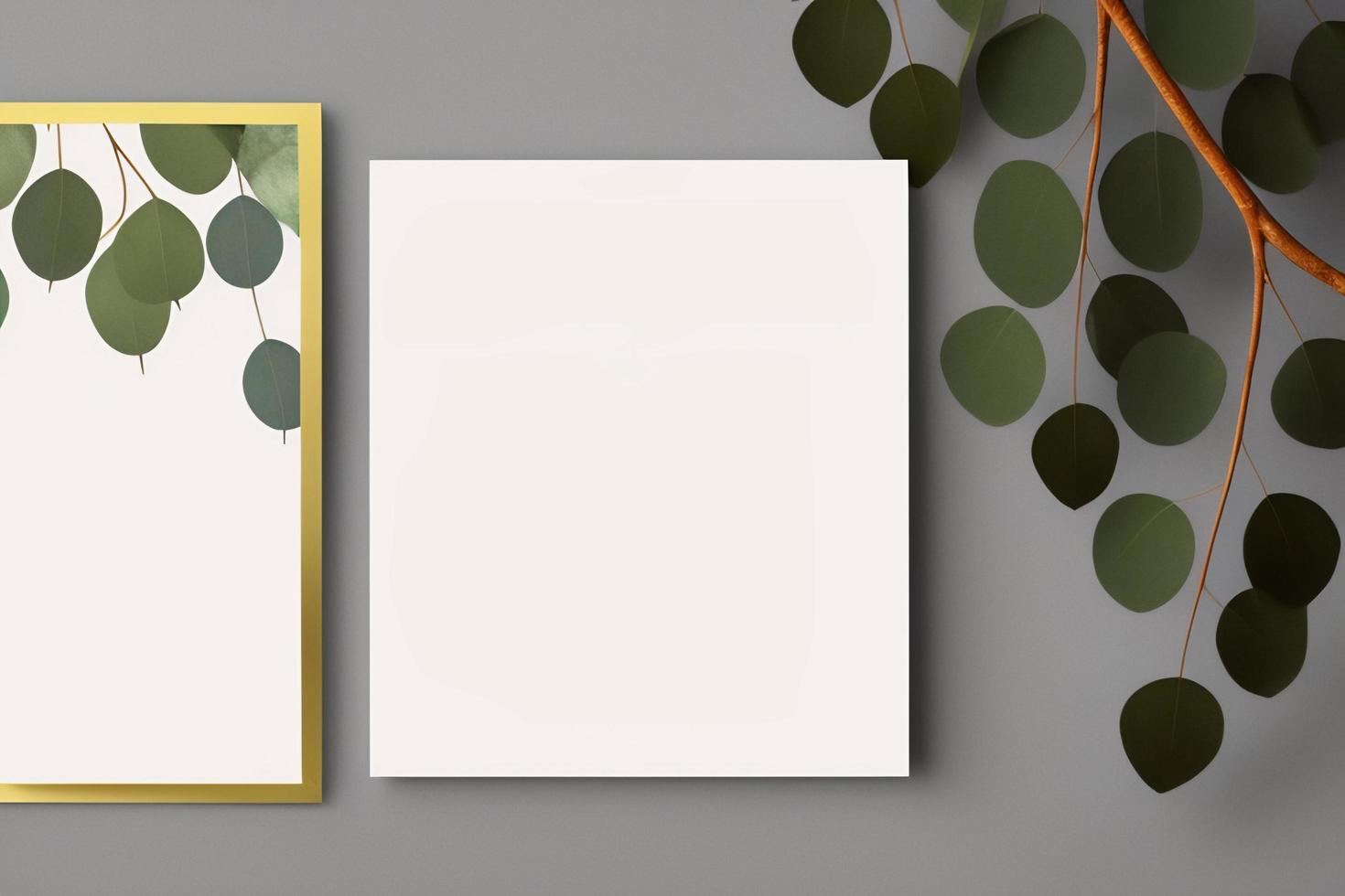 Mockup for a letter or wedding invitation with branches and leaves. Natural light and shade coverage. photo