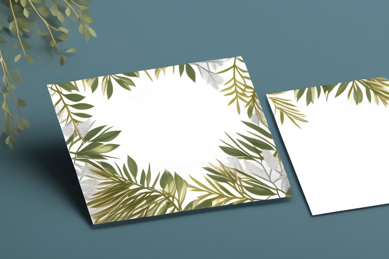 Mockup for a letter or wedding invitation with branches and leaves. Natural light and shade coverage. photo