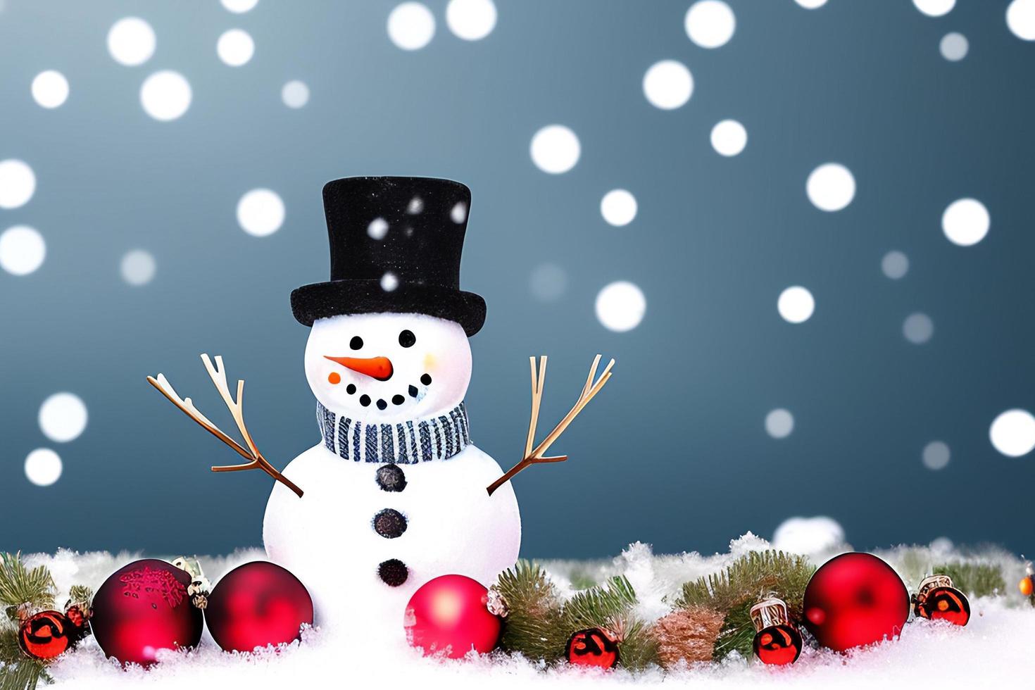 Funny snowman. Merry christmas and happy new year greeting card. Snowy background. photo