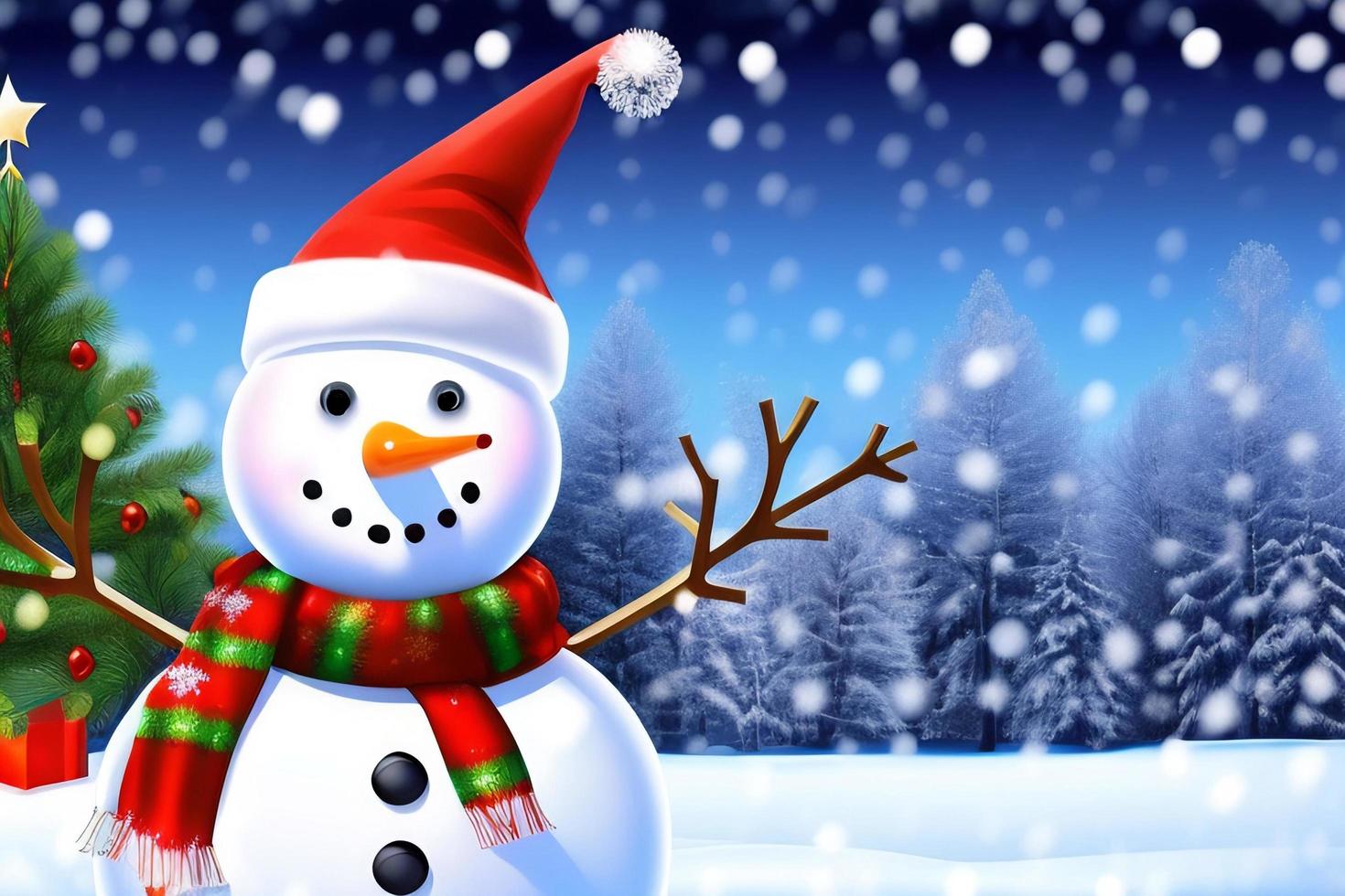 Funny snowman. Merry christmas and happy new year greeting card. Snowy background. photo