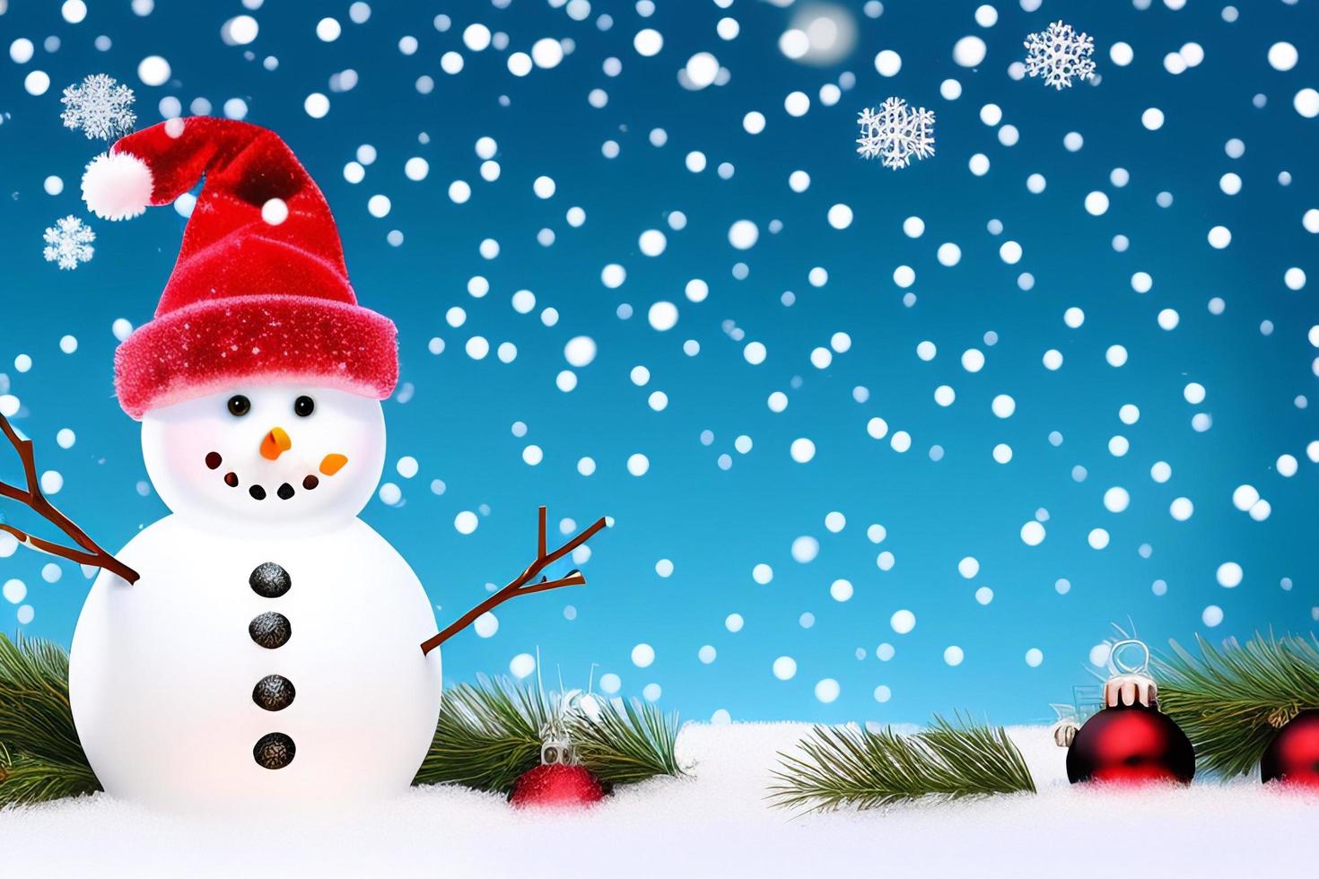 divertido muñeco de nieve. feliz navidad y feliz año nuevo tarjeta de felicitación. fondo nevado. foto