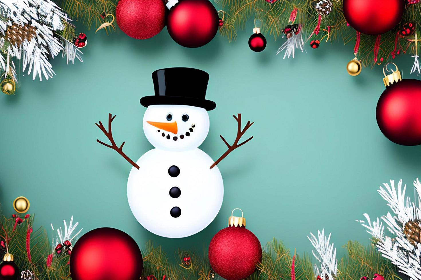 Funny snowman. Merry christmas and happy new year greeting card. Snowy background. photo