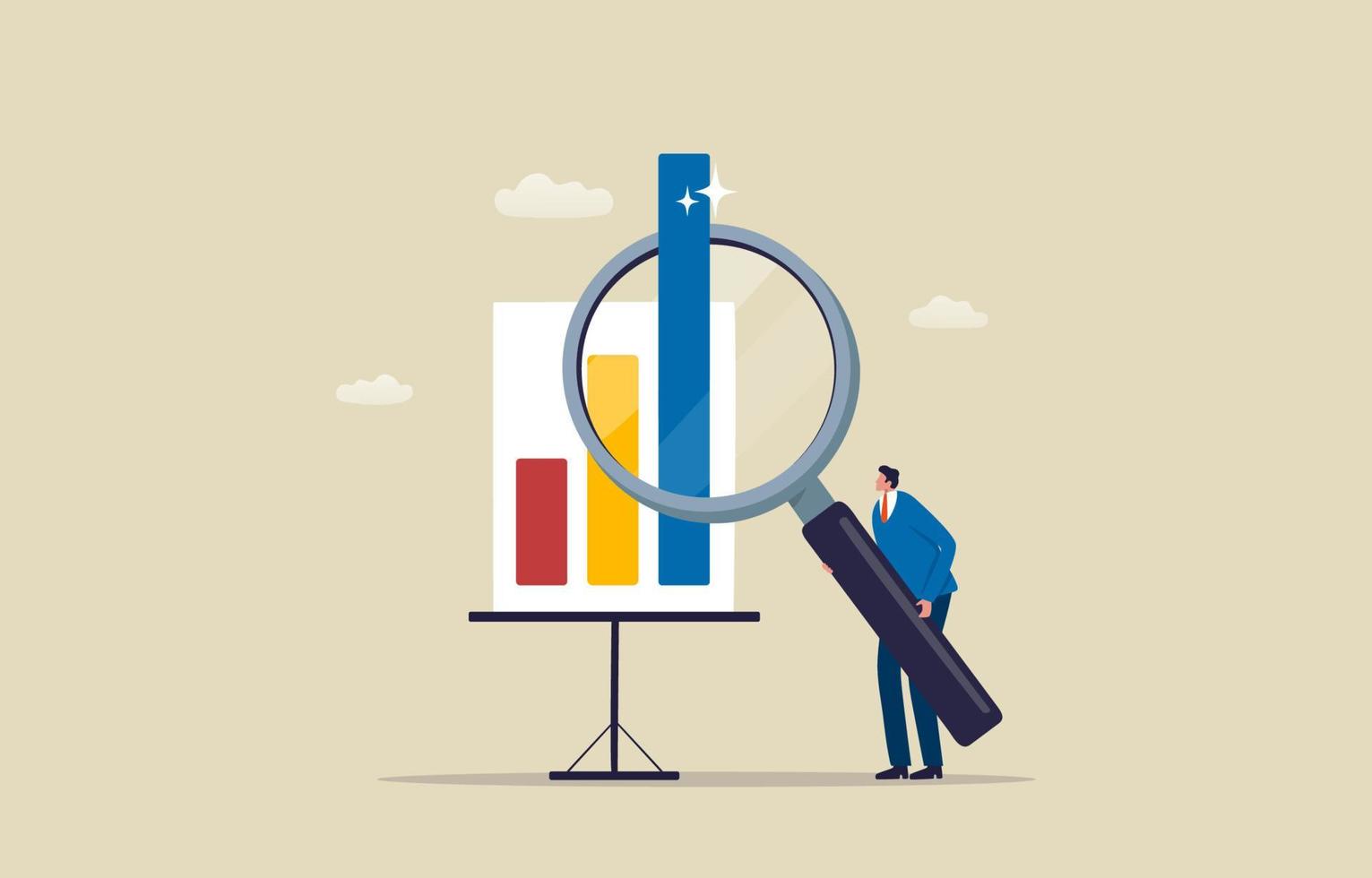 Examining financial data or Business growth. Research analysis data, analyzing chat information. Businessman using a magnifying glass to look at graphs. Illustration vector