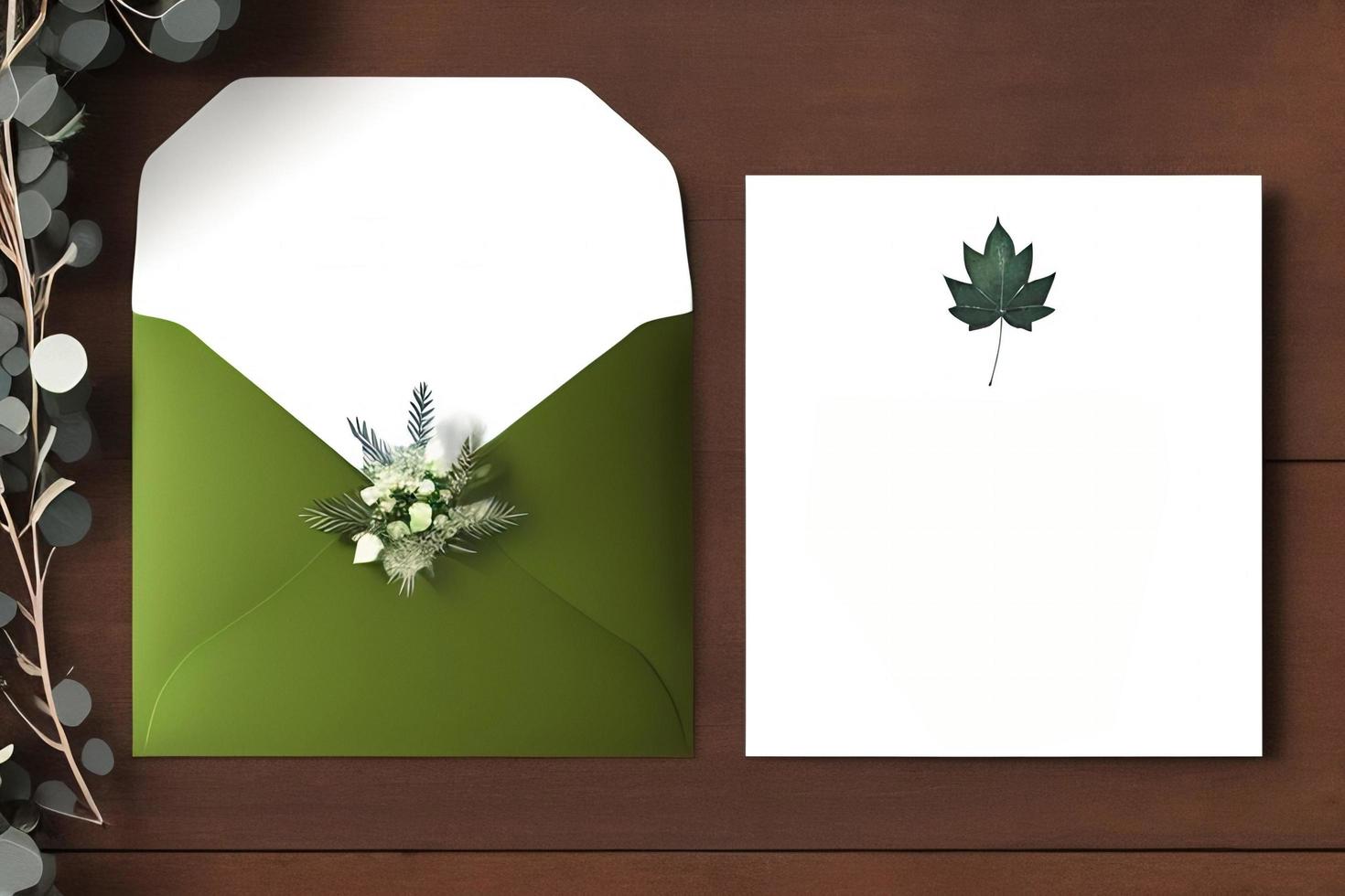 Mockup for a letter or wedding invitation with branches and leaves. Natural light and shade coverage. photo