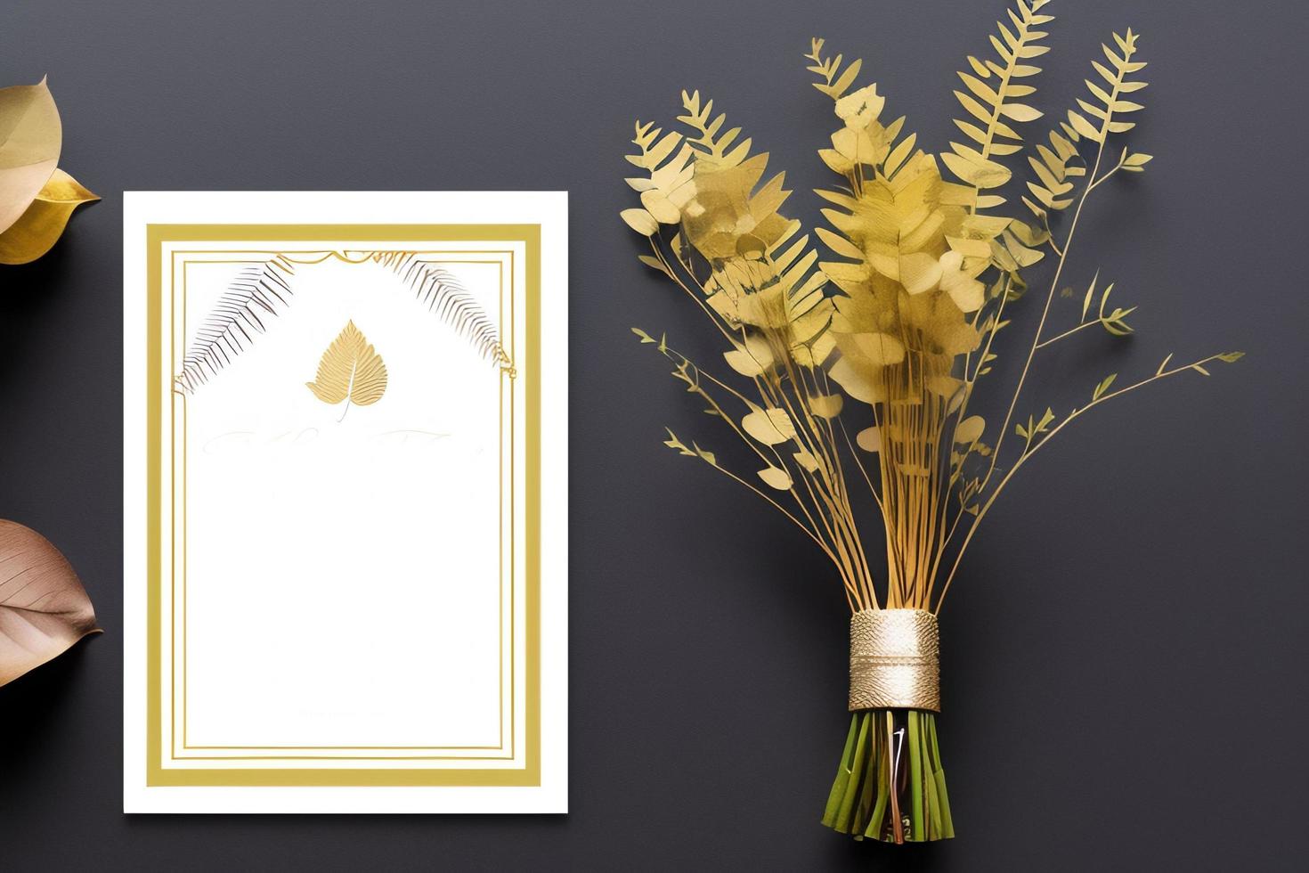 Mockup for a letter or wedding invitation with branches and leaves. Natural light and shade coverage. photo