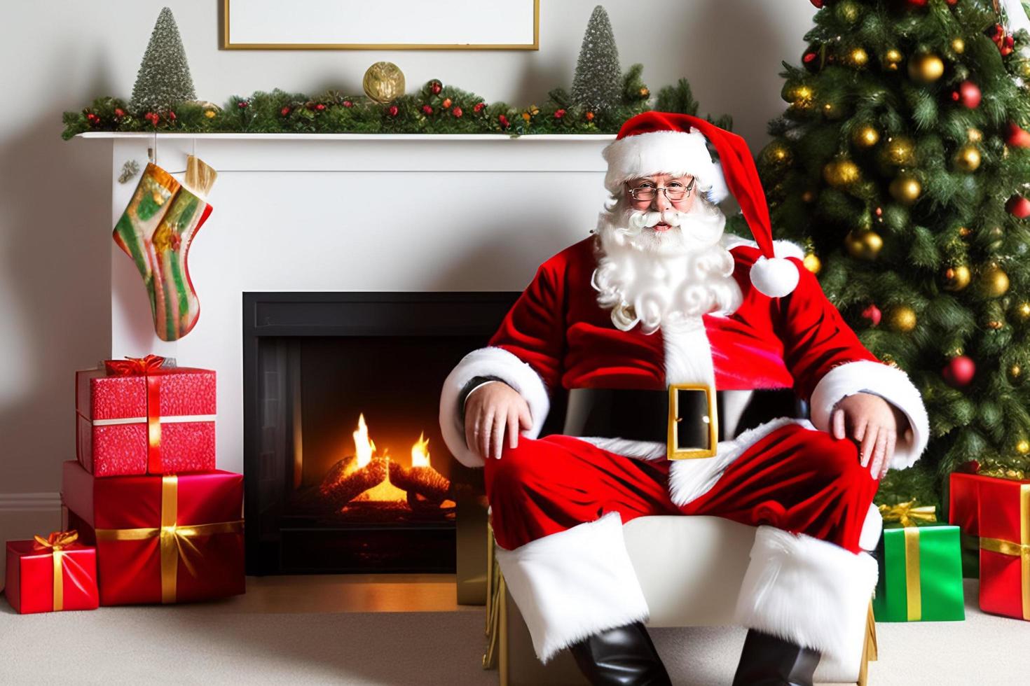 alegre santa claus está colocando cajas de regalo. feliz navidad y felices fiestas. foto