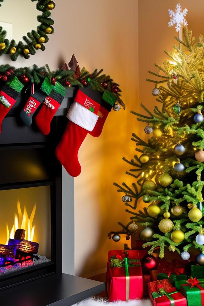 Christmas concept. Decorated Christmas Tree Near Fireplace at Home. photo