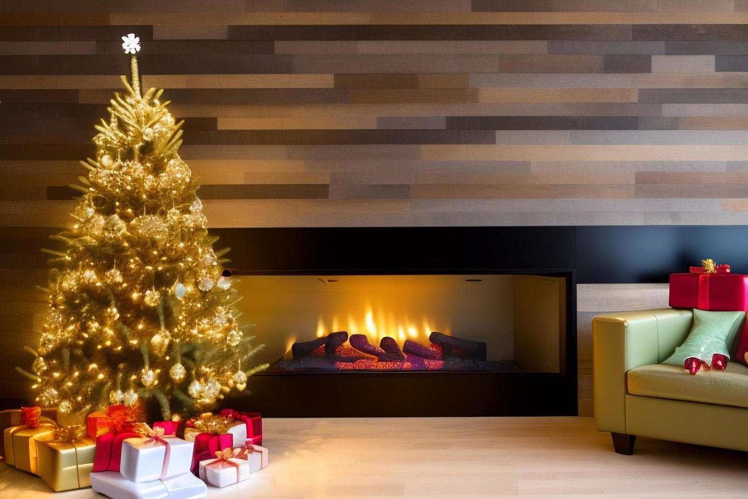 Christmas concept. Decorated Christmas Tree Near Fireplace at Home. photo