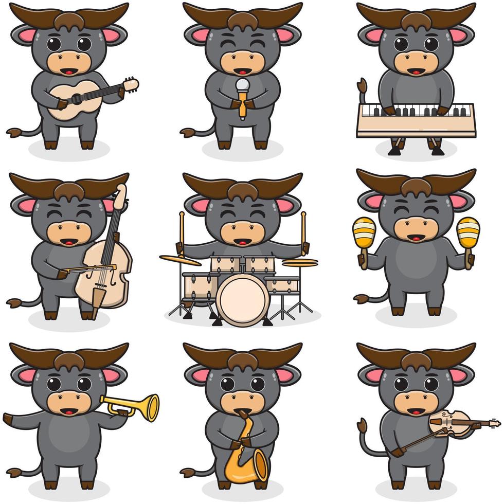 Vector Illustration of Cute Buffalo playing music instruments. Set of cute Buffalo characters. Cartoon animal play music. Animals musicians.