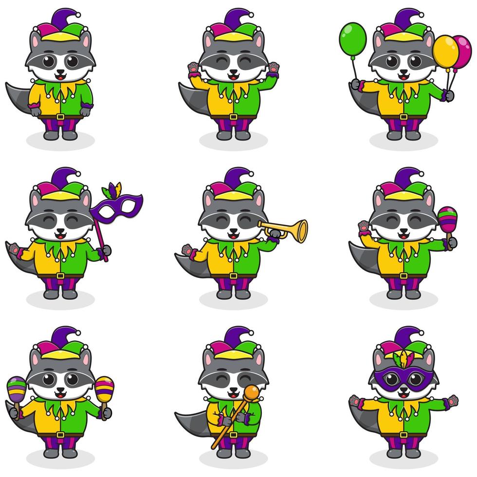 ilustración vectorial mapache con ropa de mardi gras en diferentes poses aisladas en fondo blanco. una ilustración de dibujos animados de un mapache mardi gras. bufón de mardi gras, conjunto. vector