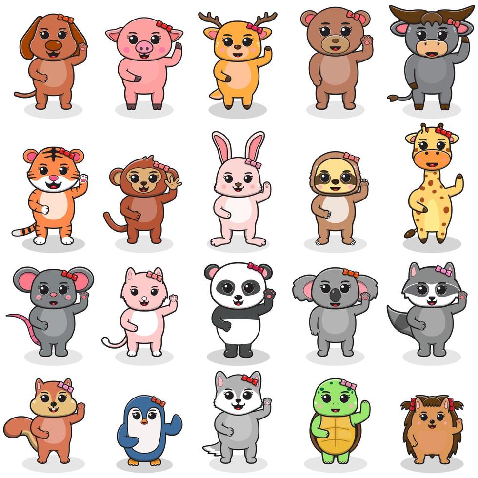 colección de zoológico. conjunto de diseño de personajes de dibujos animados de animales lindos. ilustración vectorial plana. salvaje, granja, colección de animales de compañía. lindo diseño de personajes. feliz.sonrisa cara.aislado. ilustración vectorial. vector